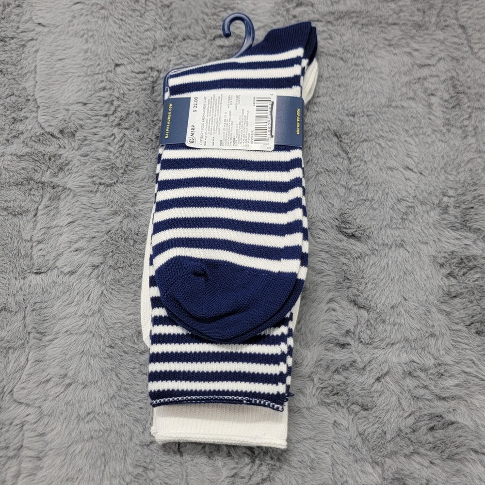 Polo Ralph Lauren Crew Socks Mens 10-13 White Nautical 67 Stripe Mid Calf 2 Pack - Picture 2 of 4